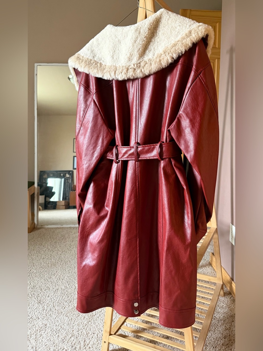 Maeve Red Faux-Leather Trench Coat with Cream Sherpa Collar - Picture 3 of 3
